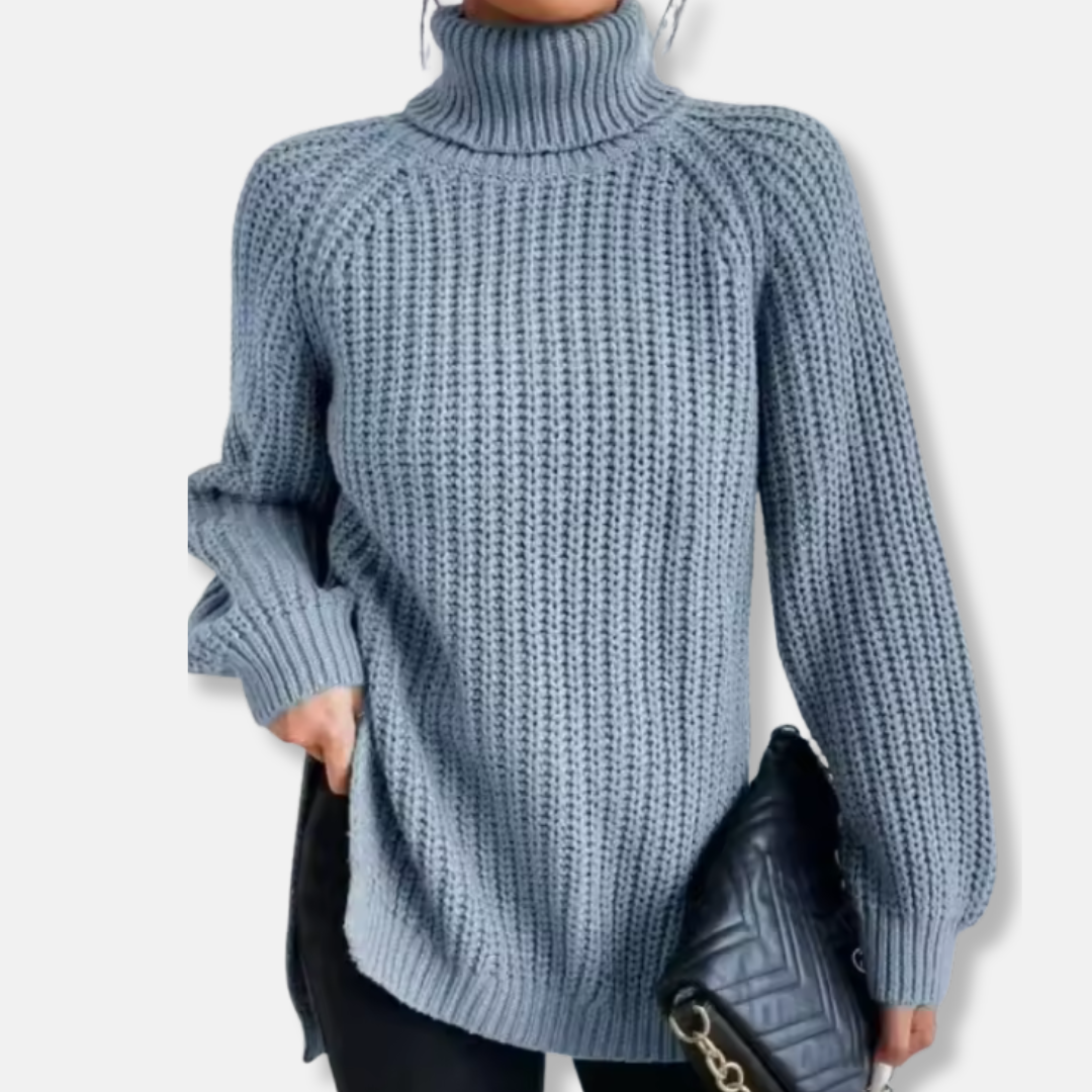 Women's sweater – Oversized fit – Chunky knit – Turtleneck – Raglan sleeves – Split hem