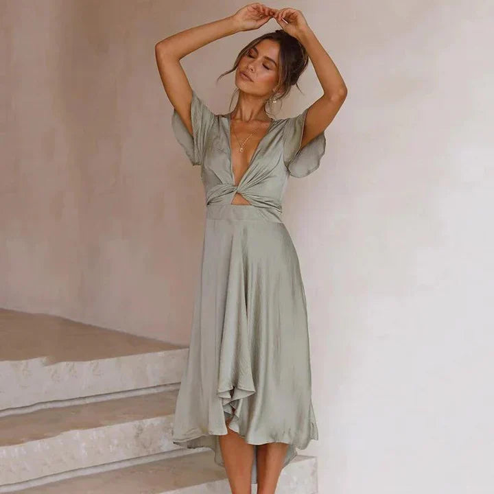 Elegante Vintage Vloeibare Midi Jurk voor Dames