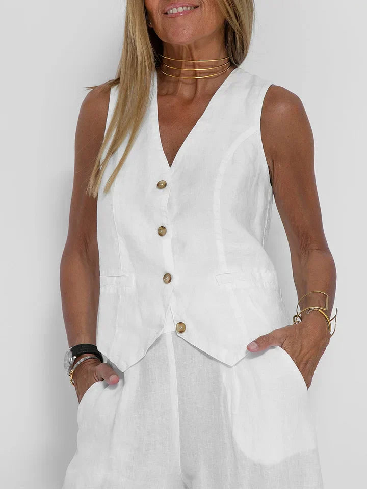 Elegante Linnen Set voor Dames – Gilet en Pantalon