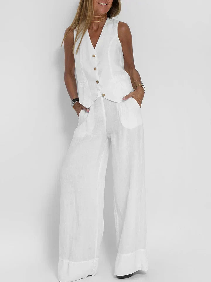 Elegante Linnen Set voor Dames – Gilet en Pantalon