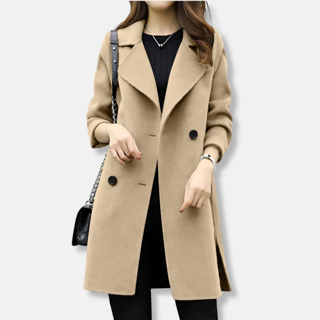 Ladies Coat - Wool Mix - Straight Fit - Lapel Collar - Mid Length - Double Breasted