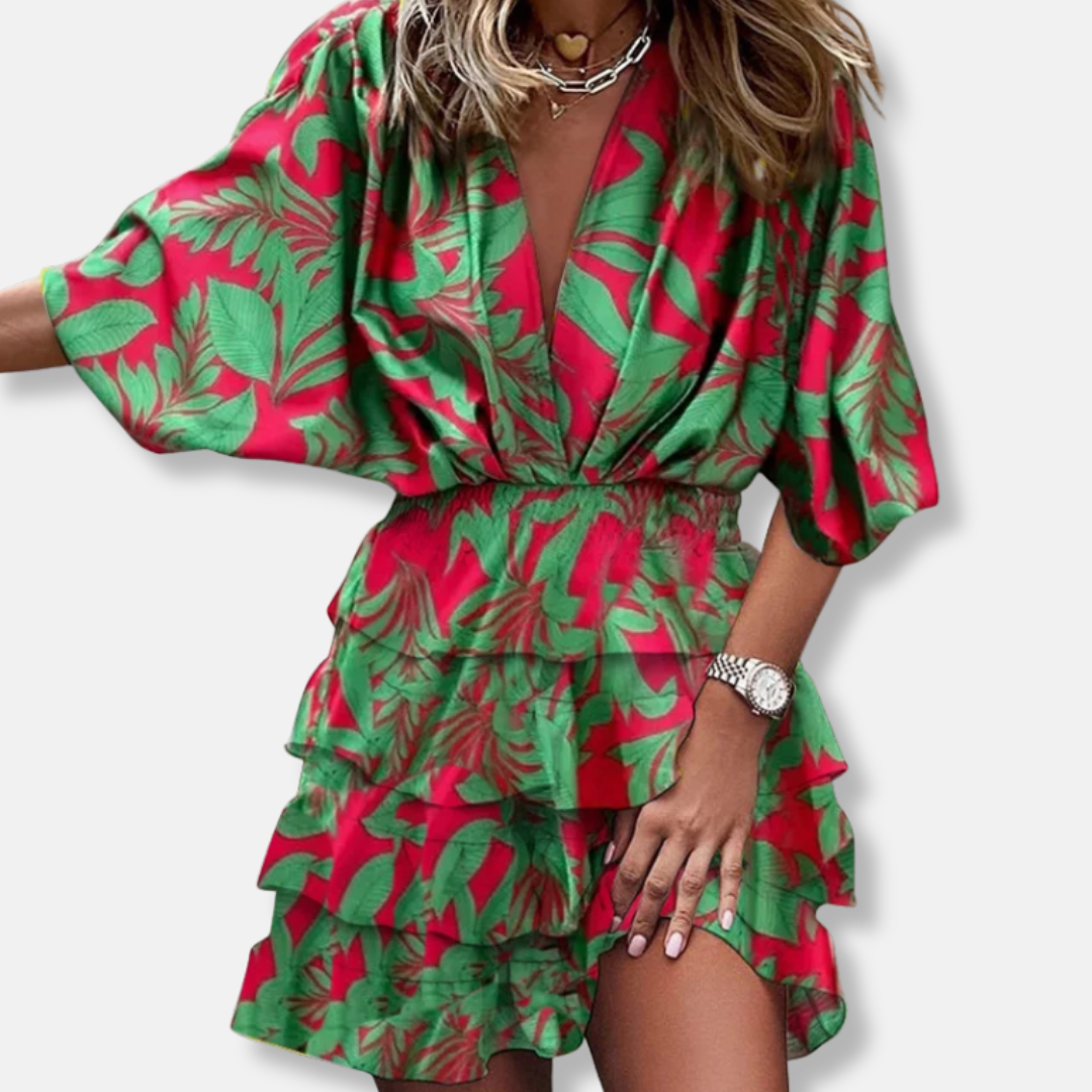 Printed Midi Dress with Ruffled Skirt for Women