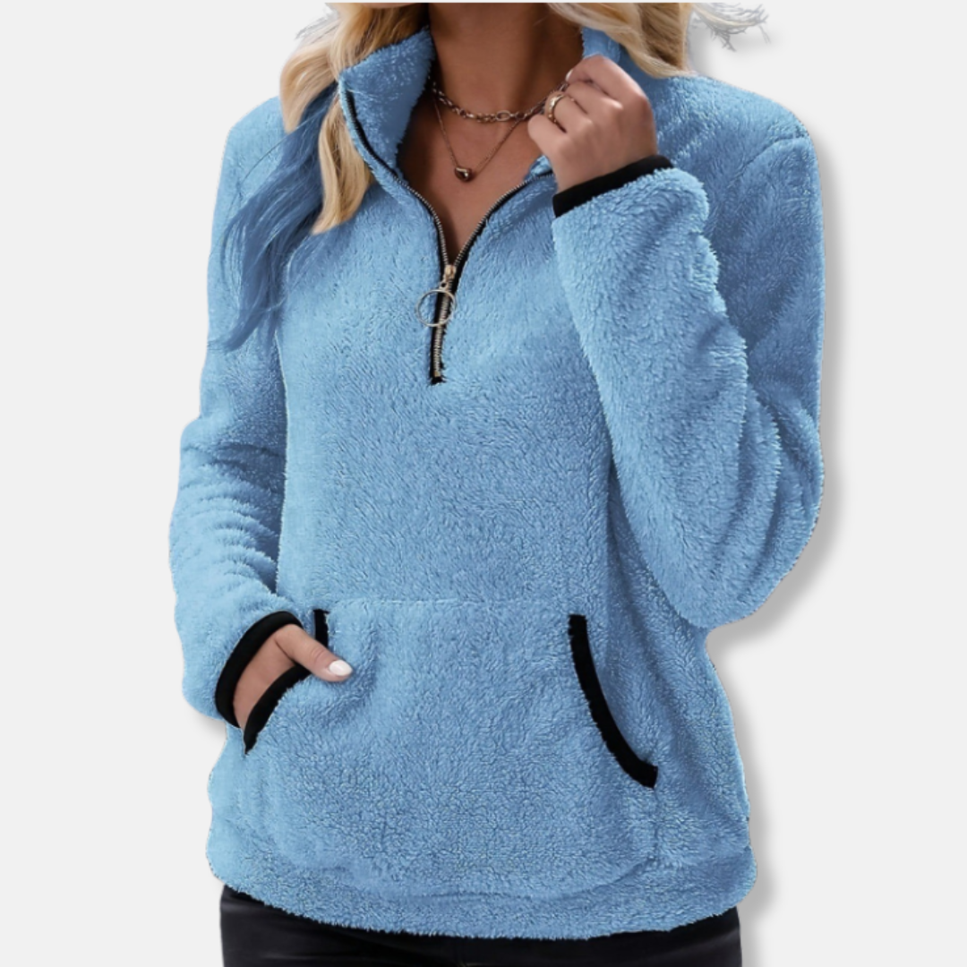 Women's Sweatshirt – Fleece Fabric – Relaxed Fit – Half Zip – With Kangaroo Pocket