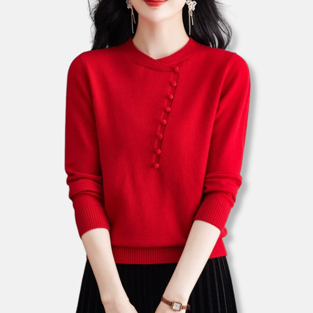 Women's Knitted Top – Relaxed Fit – Asymmetrical Neckline – Knot Detail – Ribbed Edges