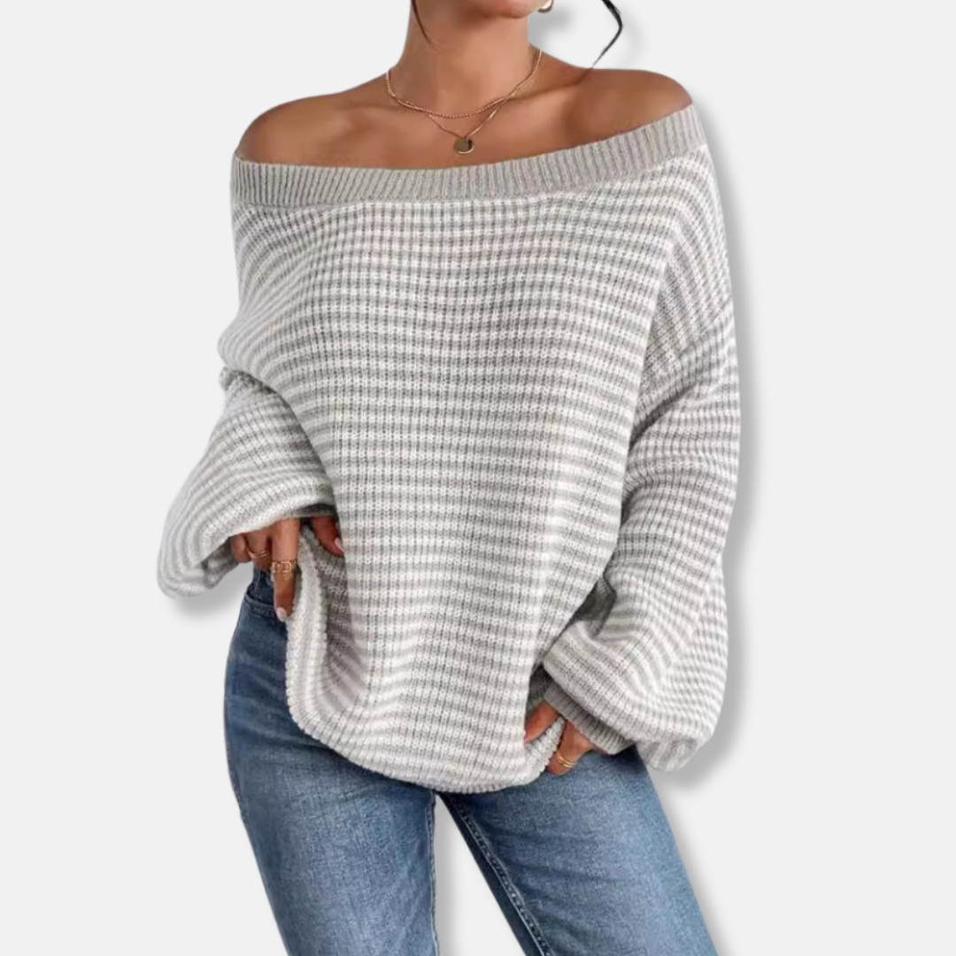 Women's Knitted Sweater – Loose Fit – Boat Neck – Lantern Sleeves – Striped Texture Design