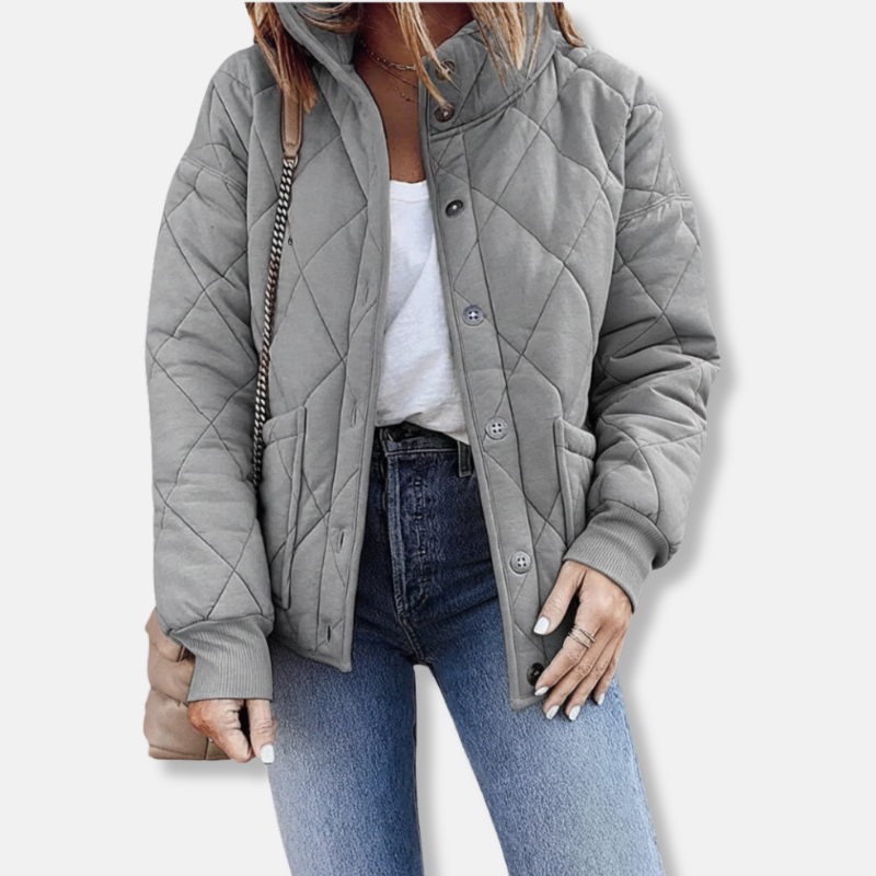 Women's Quilted Jacket – Relaxed Fit – Diamond Stitching – Stand-up Collar – Buttons