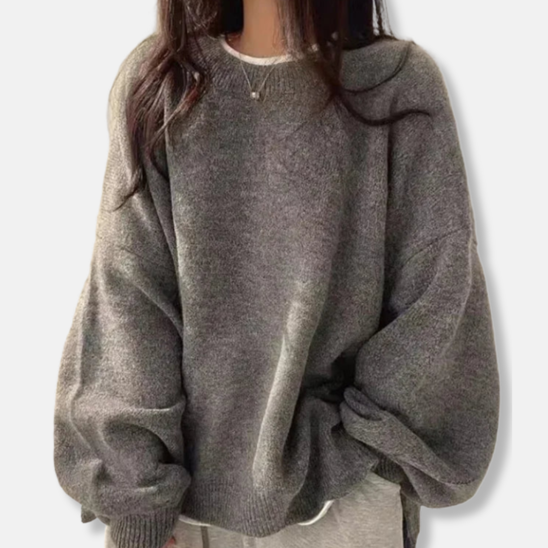 Women's Sweater – Oversized Fit – Balloon Sleeves – Round Neck – Side Slits