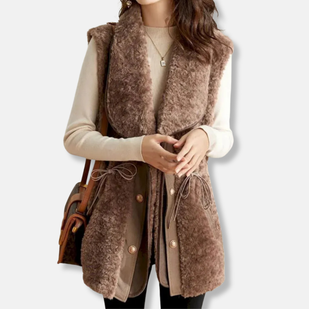 Ladies Gilet – Wool Look – Relaxed Fit – Shawl Collar – Hip Length – Drawstring Detail