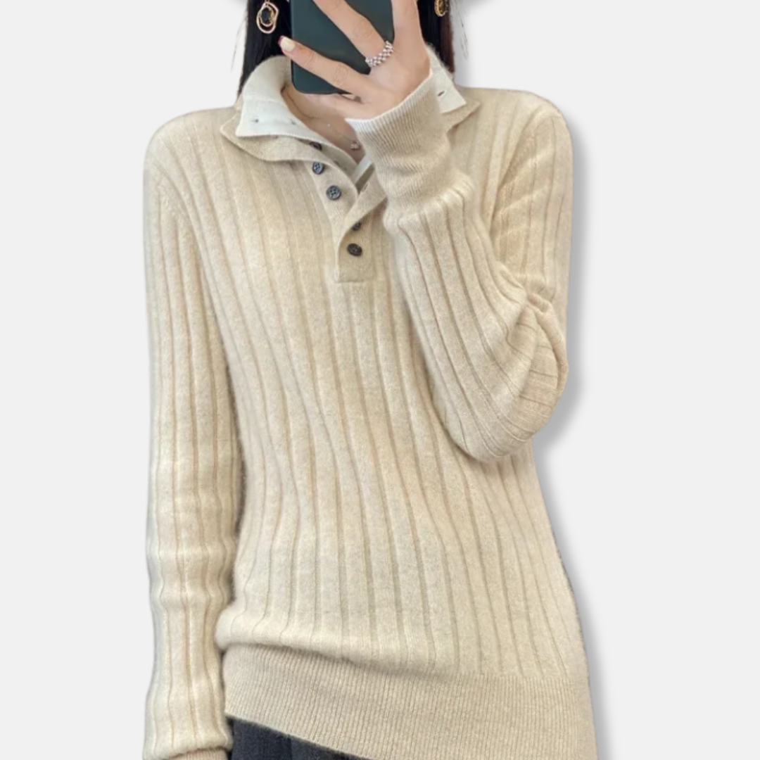 Women's sweater – Ribbed – Relaxed fit – Collar with buttons – Casual long model