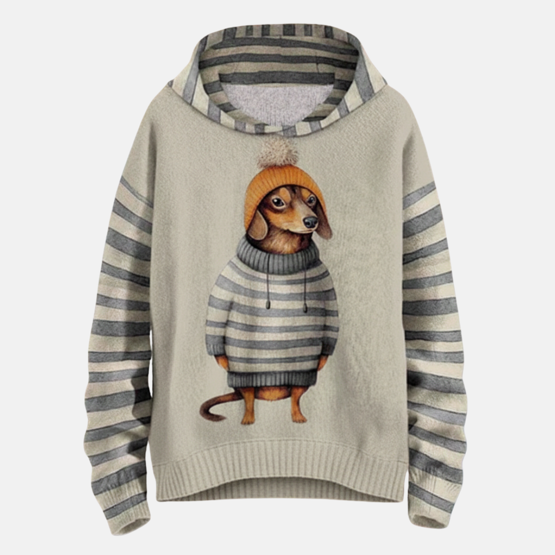 Women's hoodie – Relaxed fit – Cartoon dog print – Striped sleeves