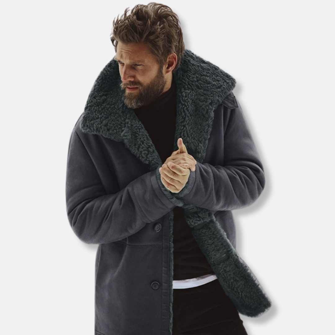 Men's Coat – Relaxed Fit – Shearling Collar and Front – Mid-Length Model