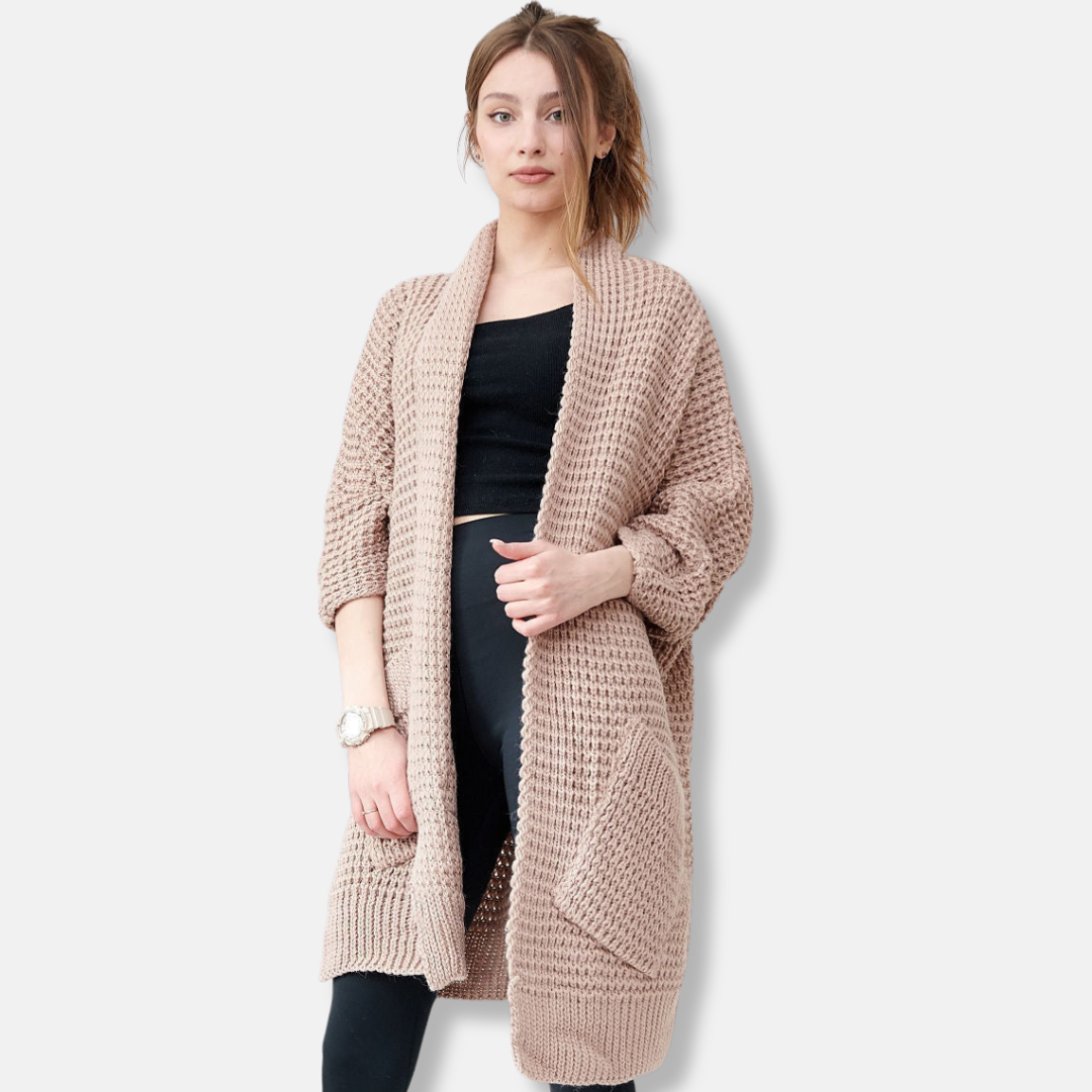 Women's Knitted Coat – Oversized Fit – Chunky Knit – Open Front – Patch Pockets