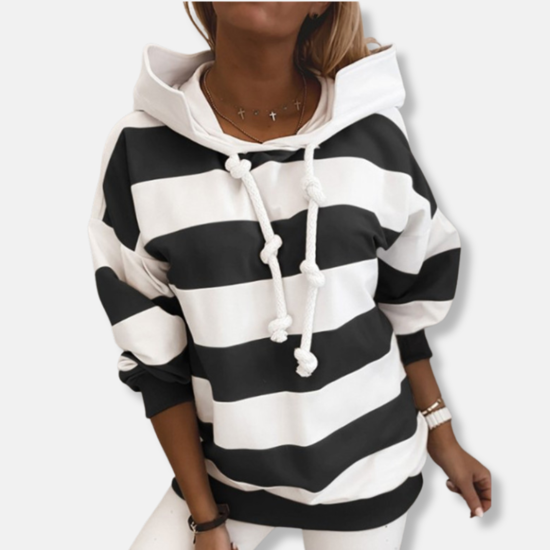 Women's Hoodie – Oversized Fit – Cotton Blend – Striped – Ribbed Trims – Knotted Drawcord