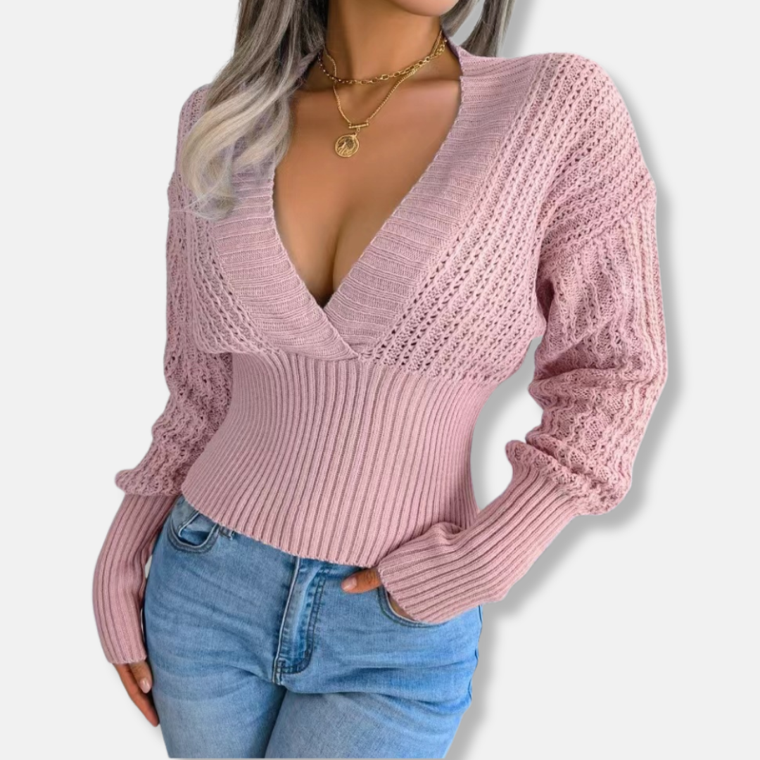 Women's Knit Top – Slim Fit – Deep V-Neck – Ribbed Edges – Open-Knit Sleeves