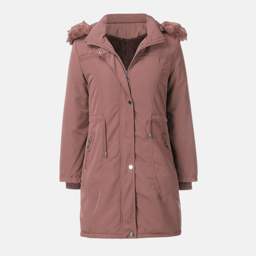 Women's long coat – Lined – Mid-length – Hood with faux fur – Drawstring waist