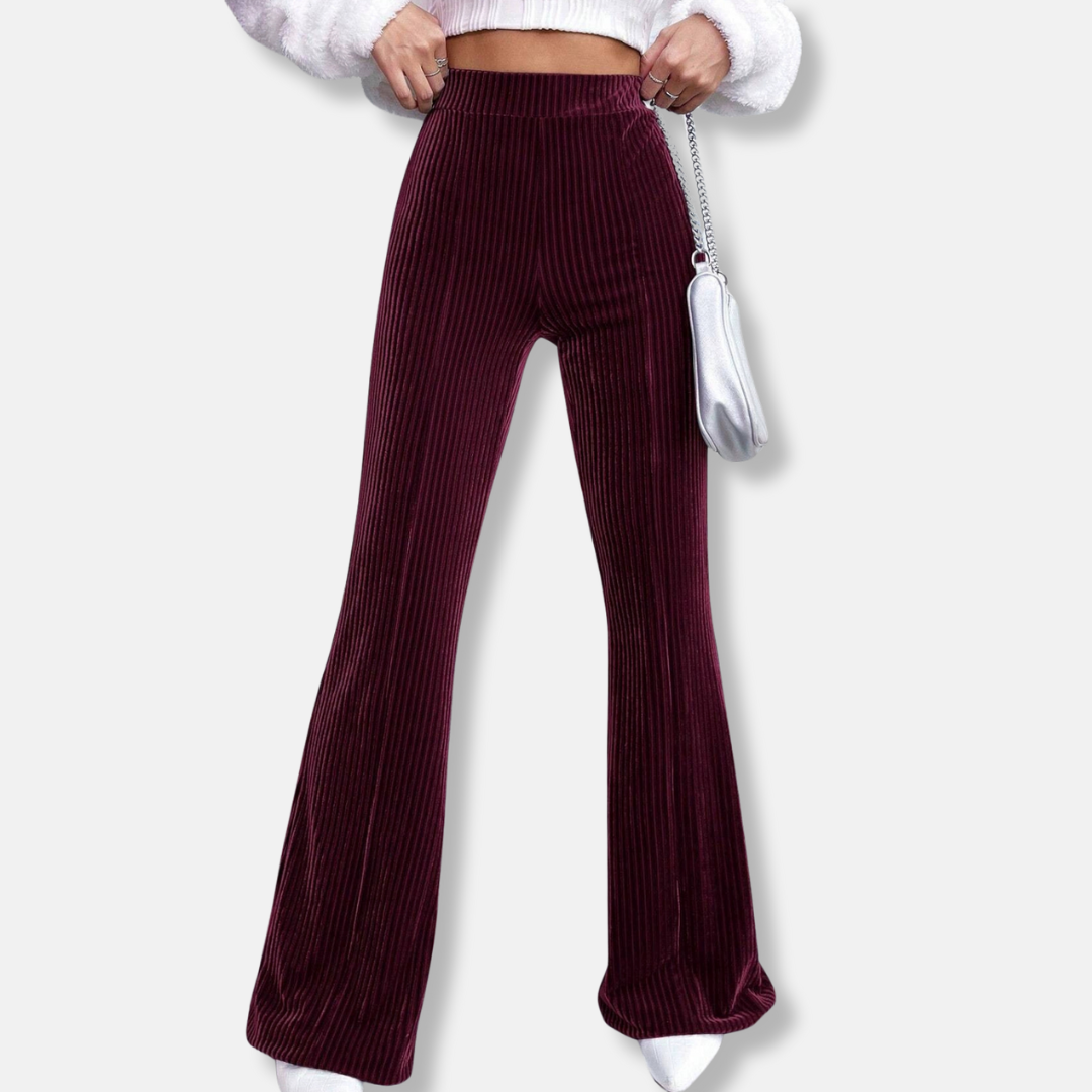 Women's Flared Pants – High Waist – Ribbed Texture – Elastic Pull-On Fit