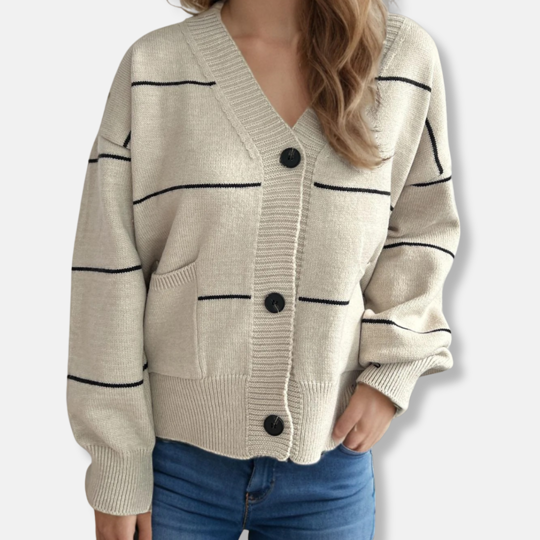 Ladies' Cardigan – Loose Fit – V-neck – Ribbed Edges – Striped Knit – Pocket Details
