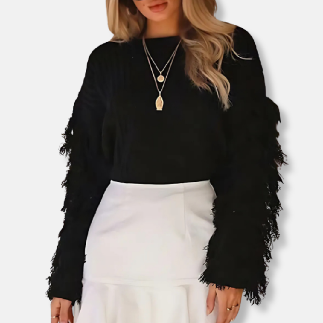 Ladies Sweatshirt – Chunky Knit – Relaxed Fit – Ribbed Texture – Fringed Sleeves