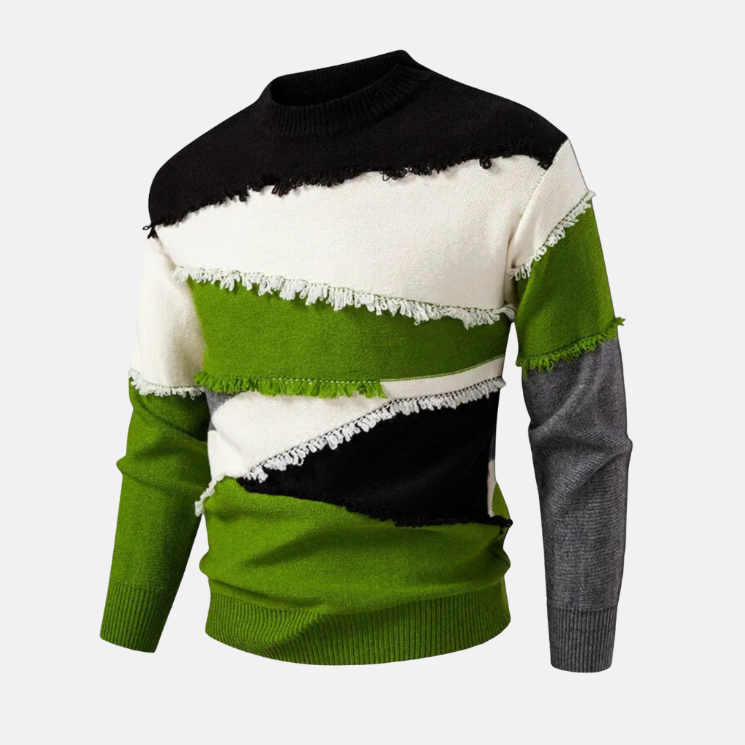 Men's Sweatshirt – Regular Fit – Half Turtleneck – Cotton Blend – Colorblock with Frayed Edges