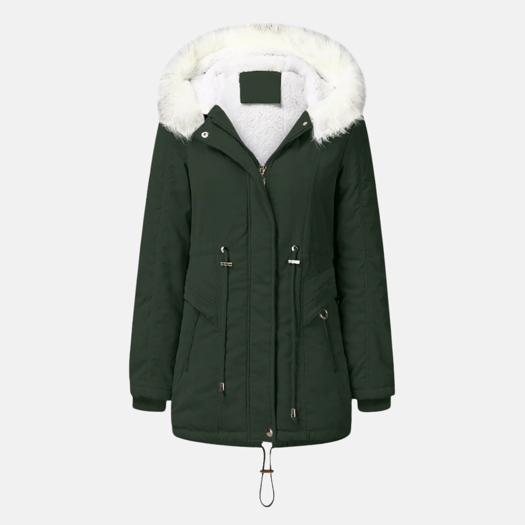 Ladies Jacket – Mid Length Model – Fleece Lining – Waist Drawstring – Removable Hood