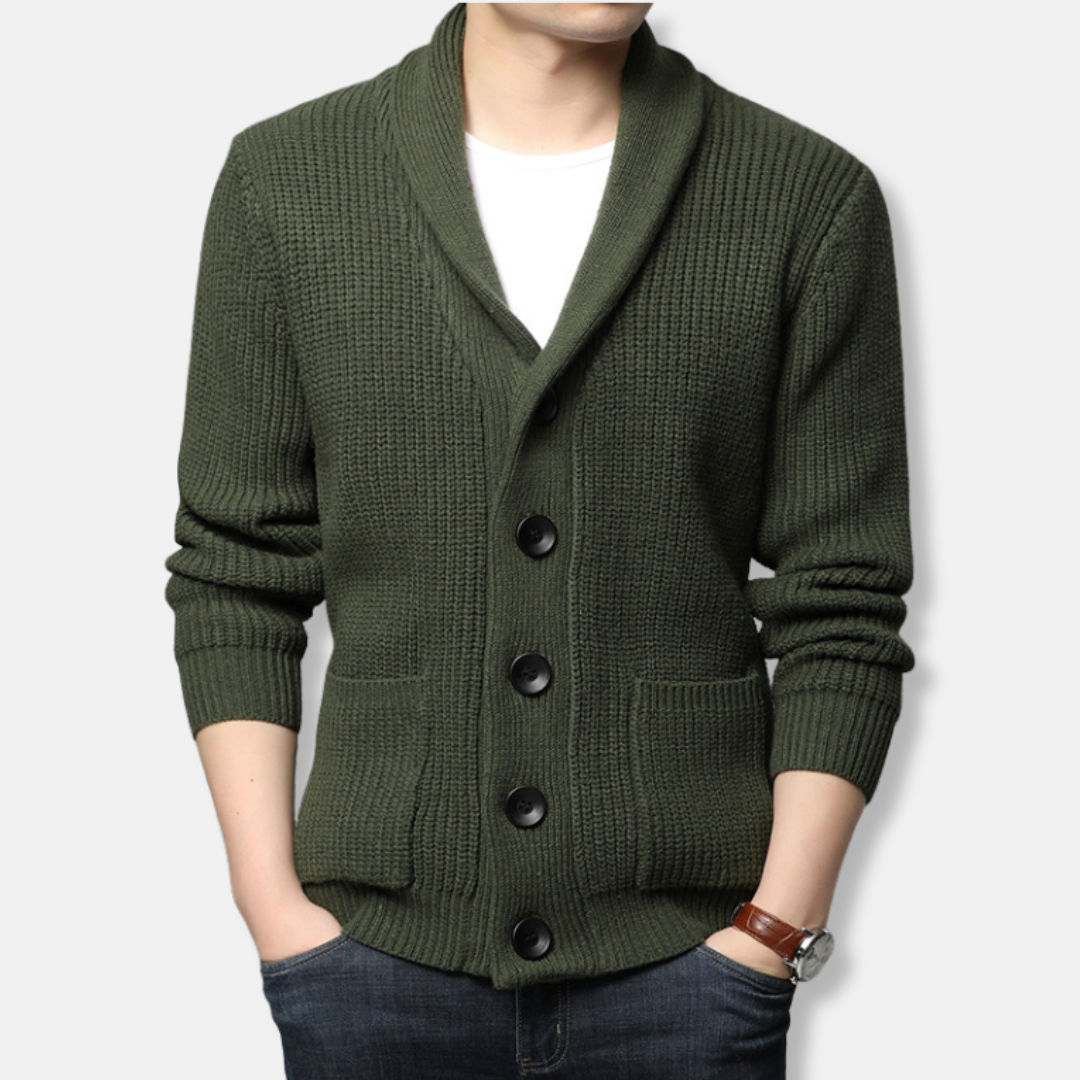 Men's Cardigan – Relaxed Fit – Wool Knit – Shawl Collar – Button Closure – Pocket Details