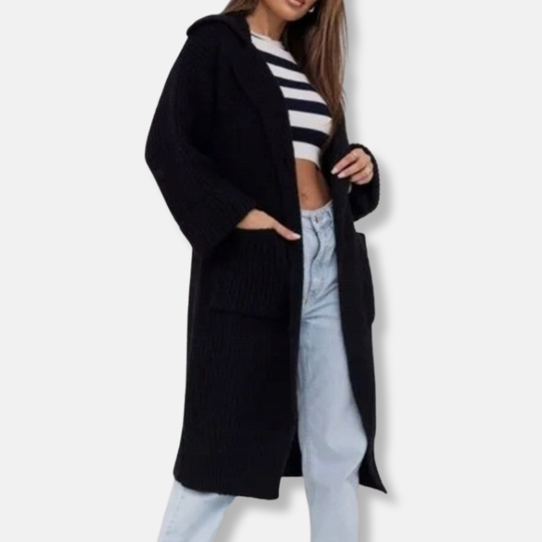 Women's long knitted coat – Oversized fit – Wool – With hood and pockets
