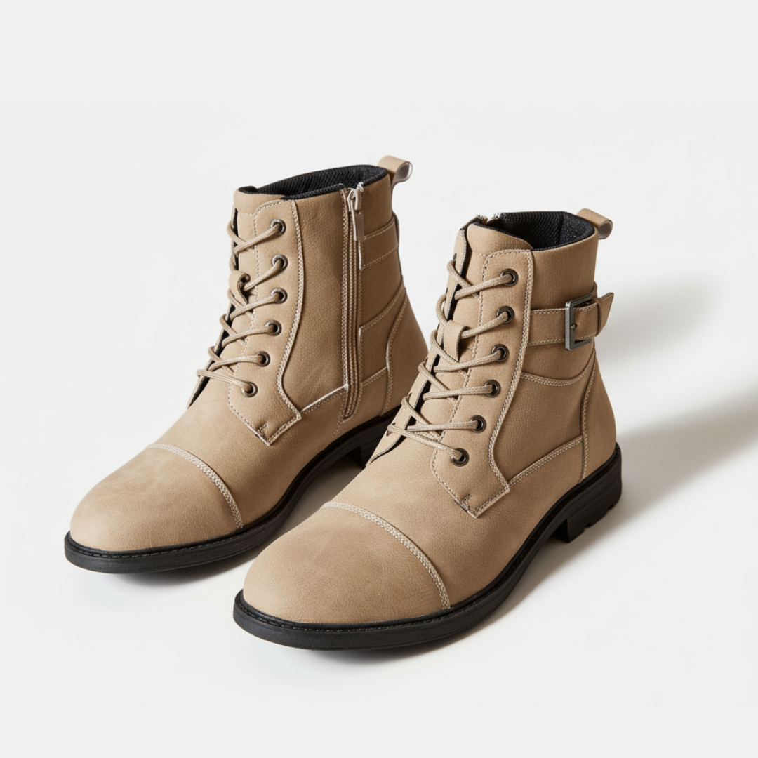 Men's Boots - Synthetic Leather - Ankle-High - Lace Closure With Zipper