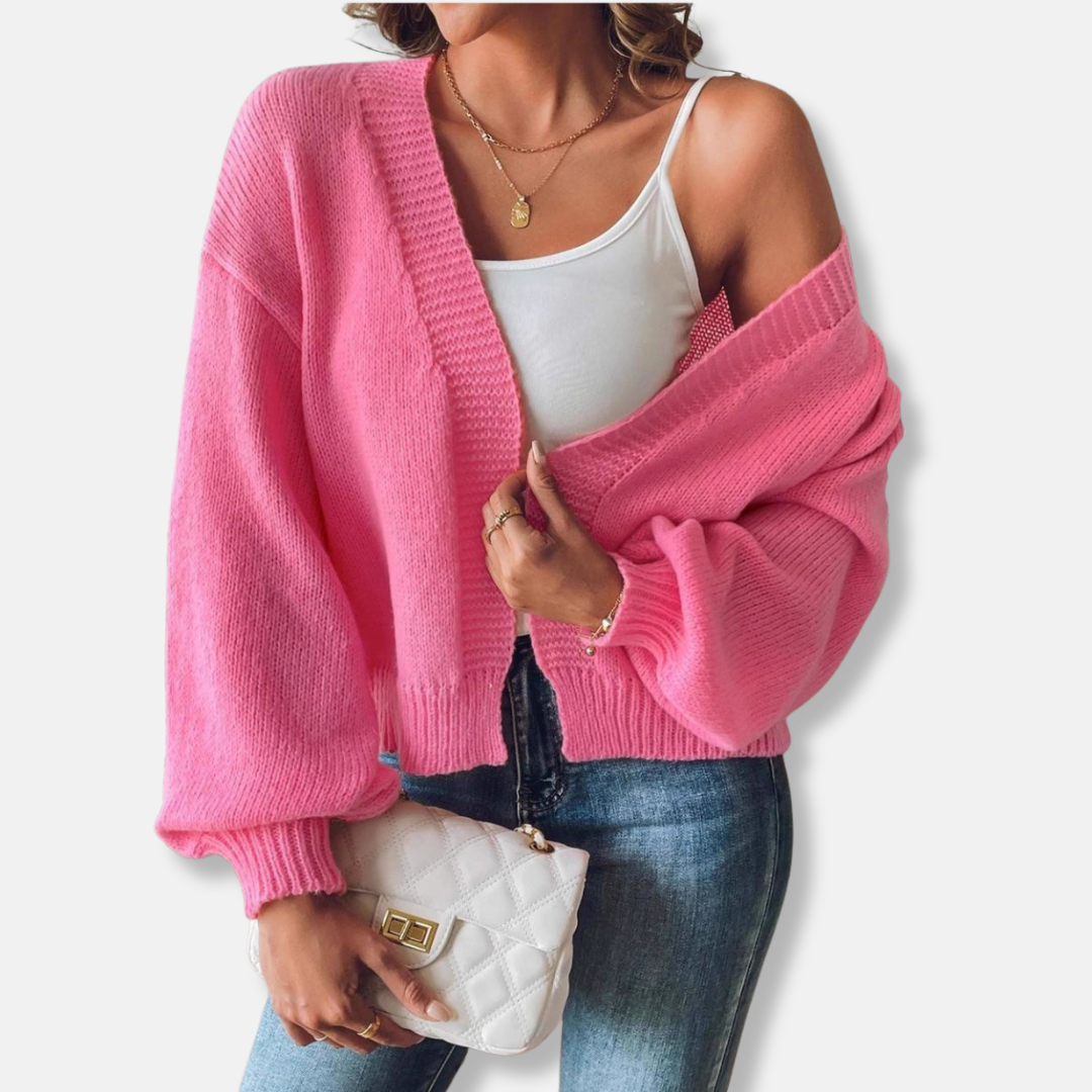 Women's cardigan – Relaxed fit – Knitted – Open front – Lantern sleeves – Ribbed – Cropped