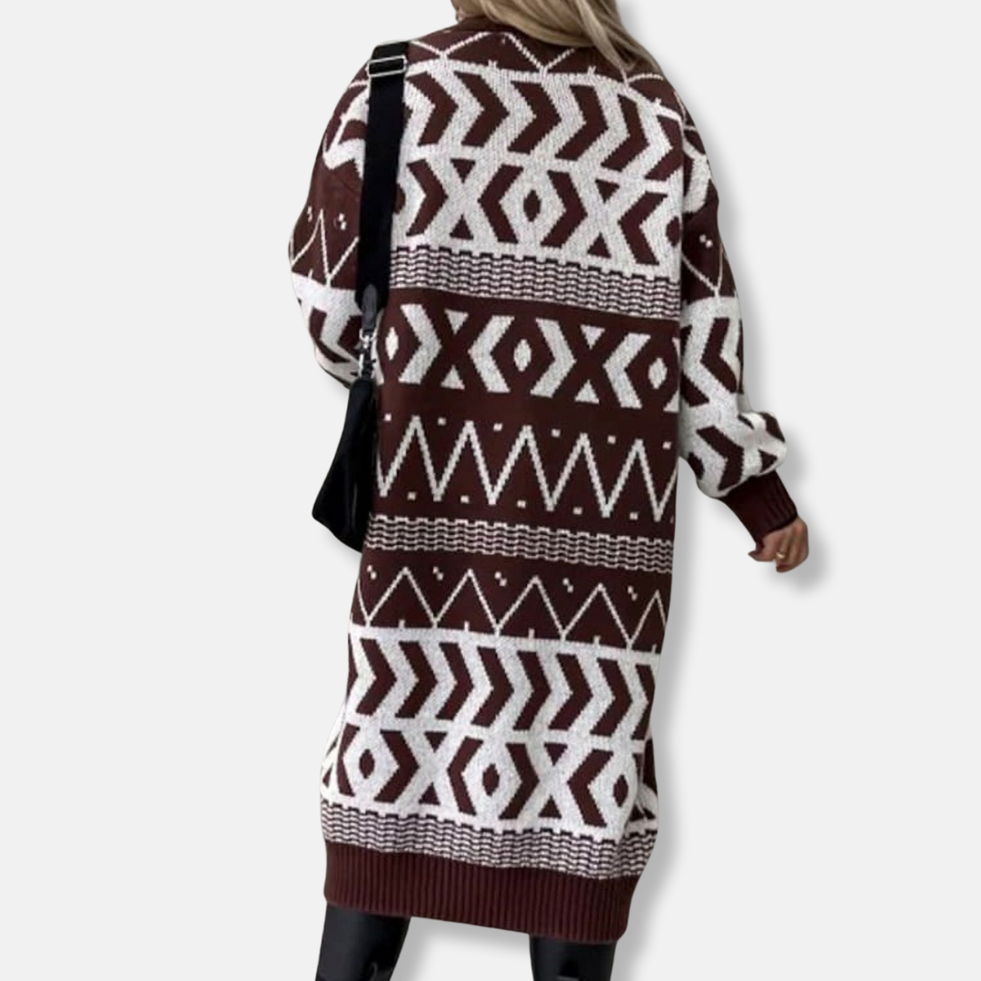 Ladies Long Cardigan – Loose-Fitting – Wool-Mix Knit – Geometric Pattern – Open Front