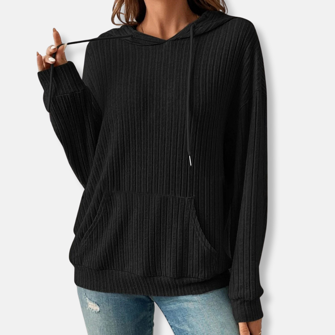 Women's Hoodie Sweater – Relaxed Fit – Ribbed Knit Fabric – Kangaroo Pocket – Drawstring Hood
