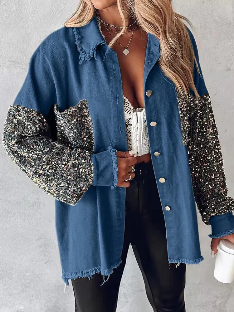 Stijlvolle Denim Jas met Contrasterende Pailletten Versiering