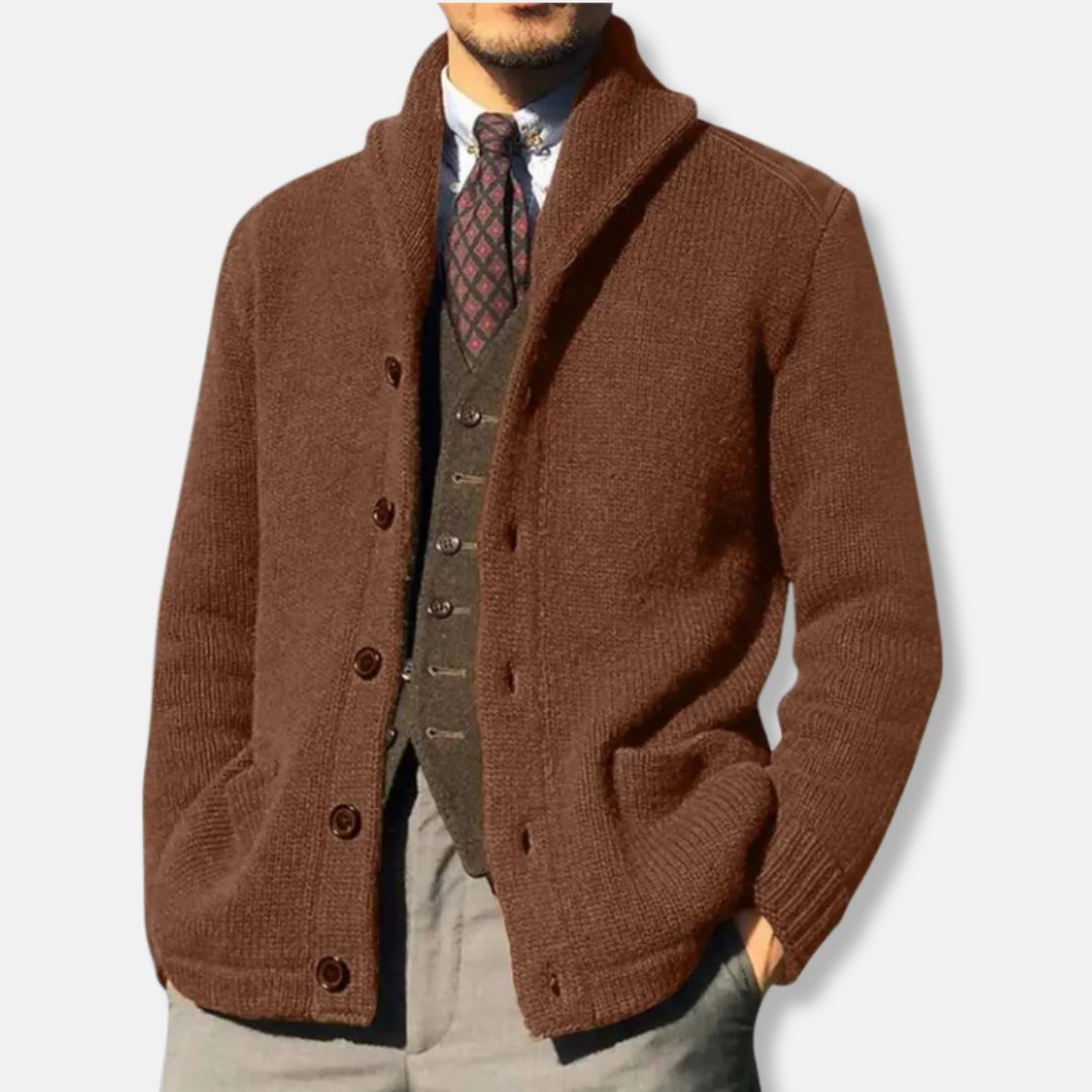 Men's Cardigan – Regular Fit – Knitted – Shawl Collar – Buttons – Ribbed Cuffs – Side Pockets
