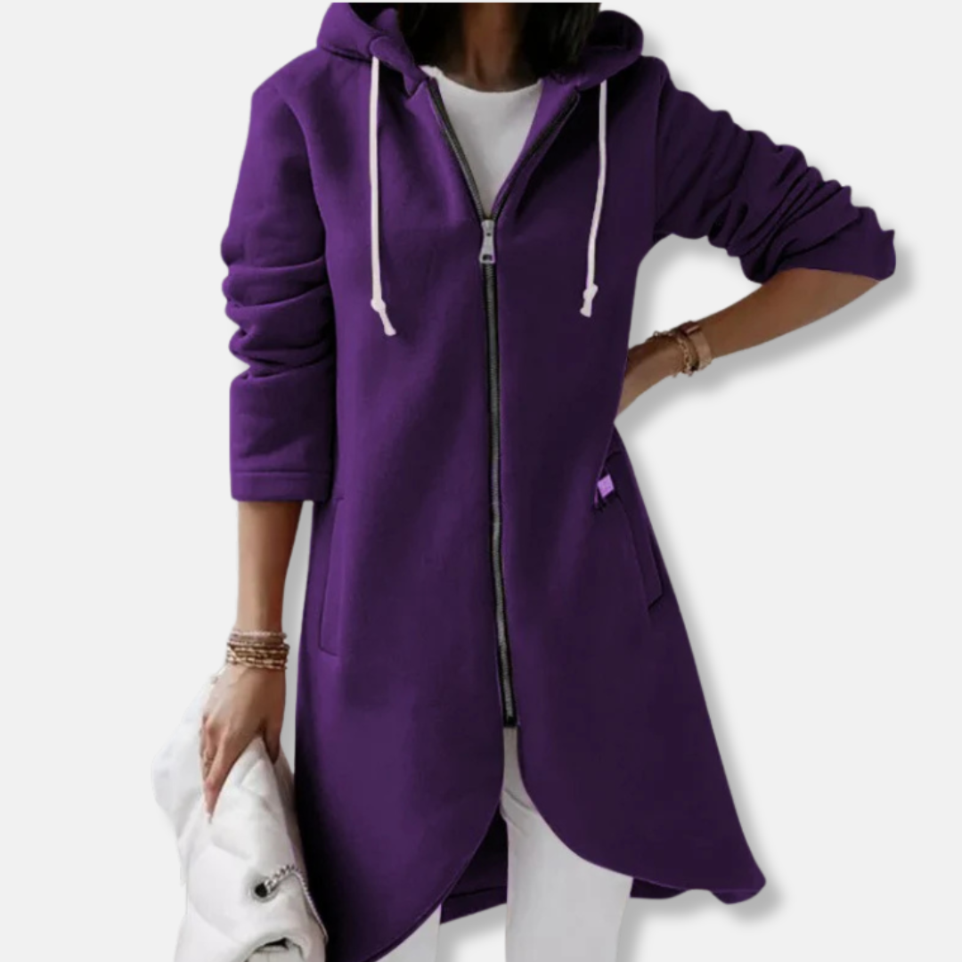 Women's Long Hoodie – Fleece Material – Relaxed Fit – Asymmetrical Hem – Zip Front Closure