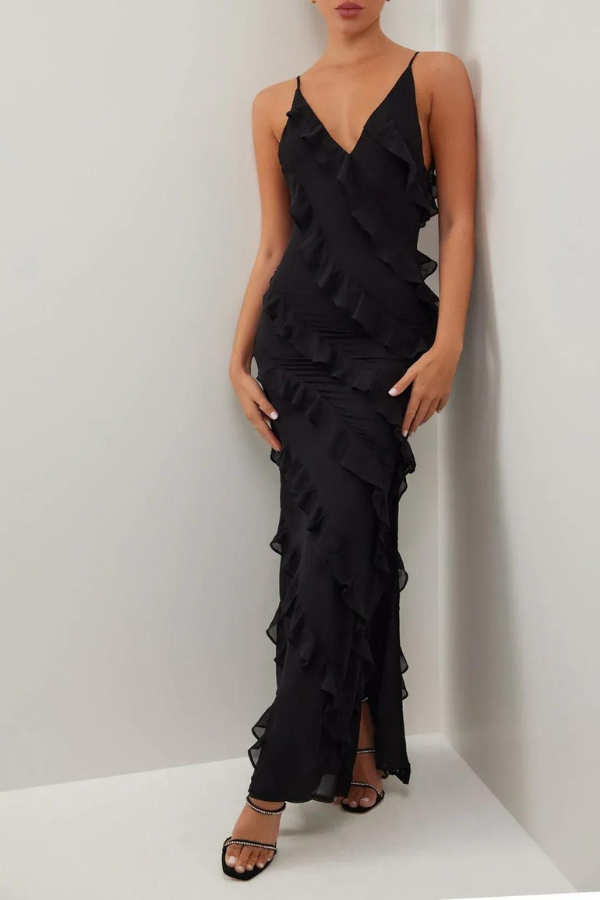 Trendy Ruffle Zipper Maxi Jurk