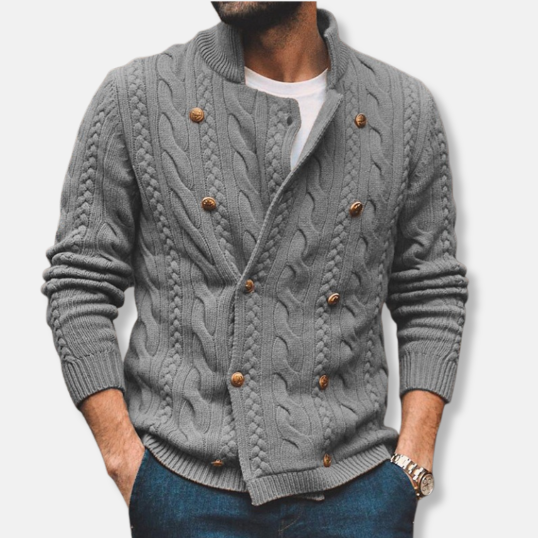 Men's Cardigan – Wool Knit – Cable Pattern – Double Row Button Closure – Ribbed Edges