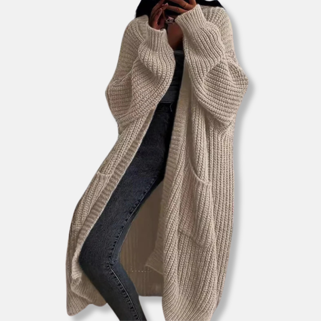 Women's long cardigan – Oversized fit – Chunky ribbed knit – Open front with pockets