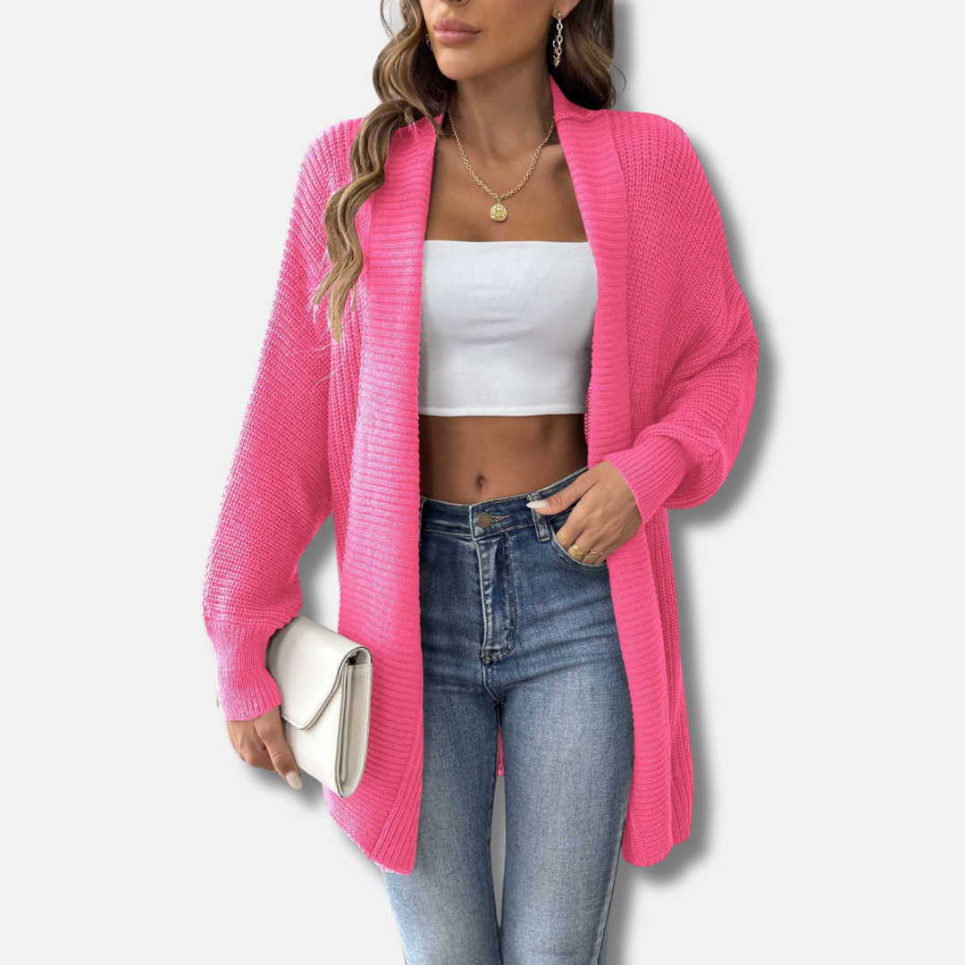 Ladies Cardigan – Long Model – Ribbed – Loose-Fitting – Shawl Collar – Pearl Buttons