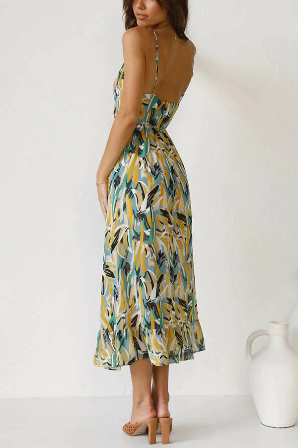 Dames Midi Jurk – Luchtig Chiffon – Losvallend Model – V-Hals met Print