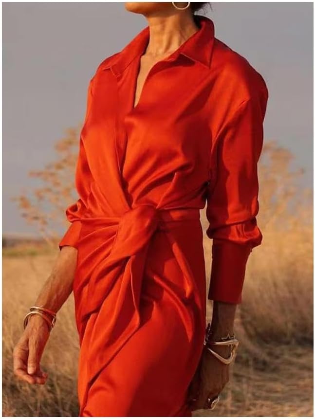 Elegante Dames Zijde Satijn Wikkel Jurk – Lange Mouwen, V-Hals, Maxi Lengte