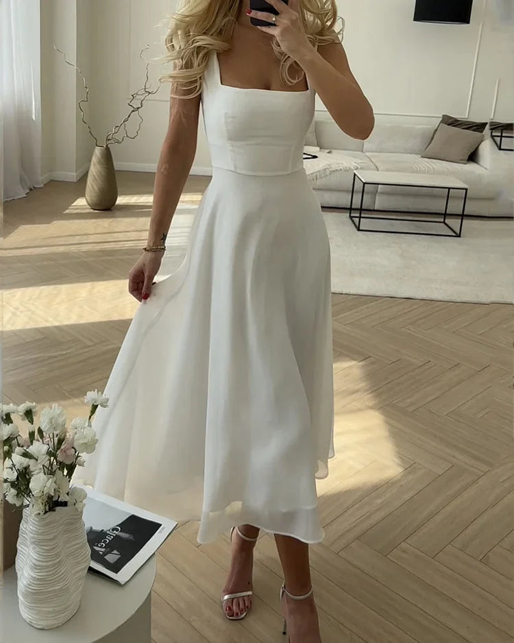 Elegante Zijde Chiffon Maxi Jurk met Vierkante Halslijn