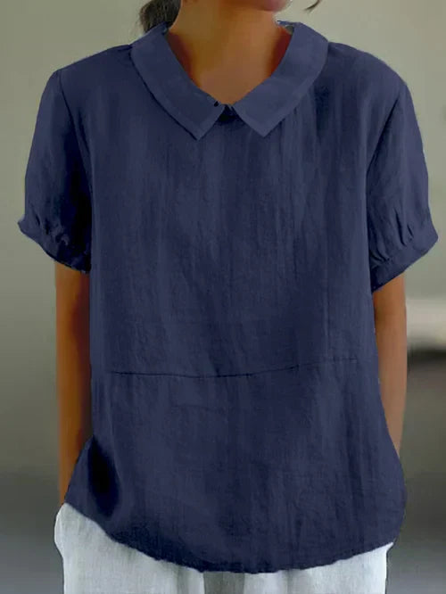 Chique Dames Linnen Blouse met Korte Mouwen en Peter Pan Kraag