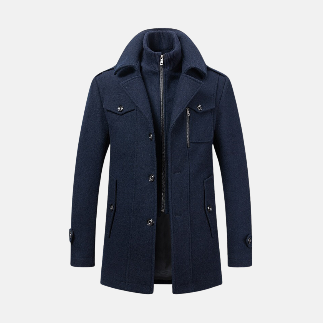 Men's Coat – Slim Fit Wool – Double Collar with Zipper Closure – Epaulettes and Pocket Details