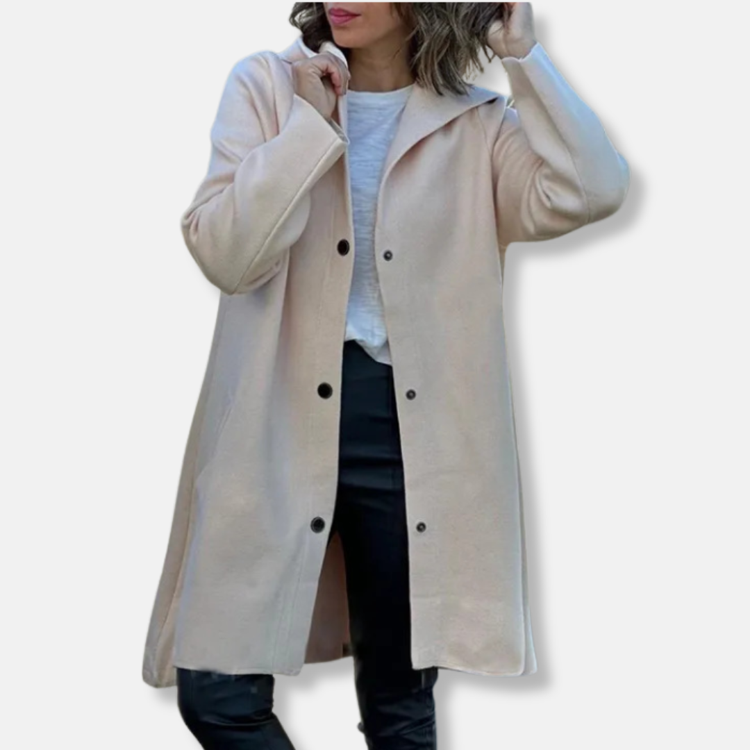 Women's Long Coat with Hood – Wool Blend – Relaxed Fit – Snap Button Closure – Mid-Length