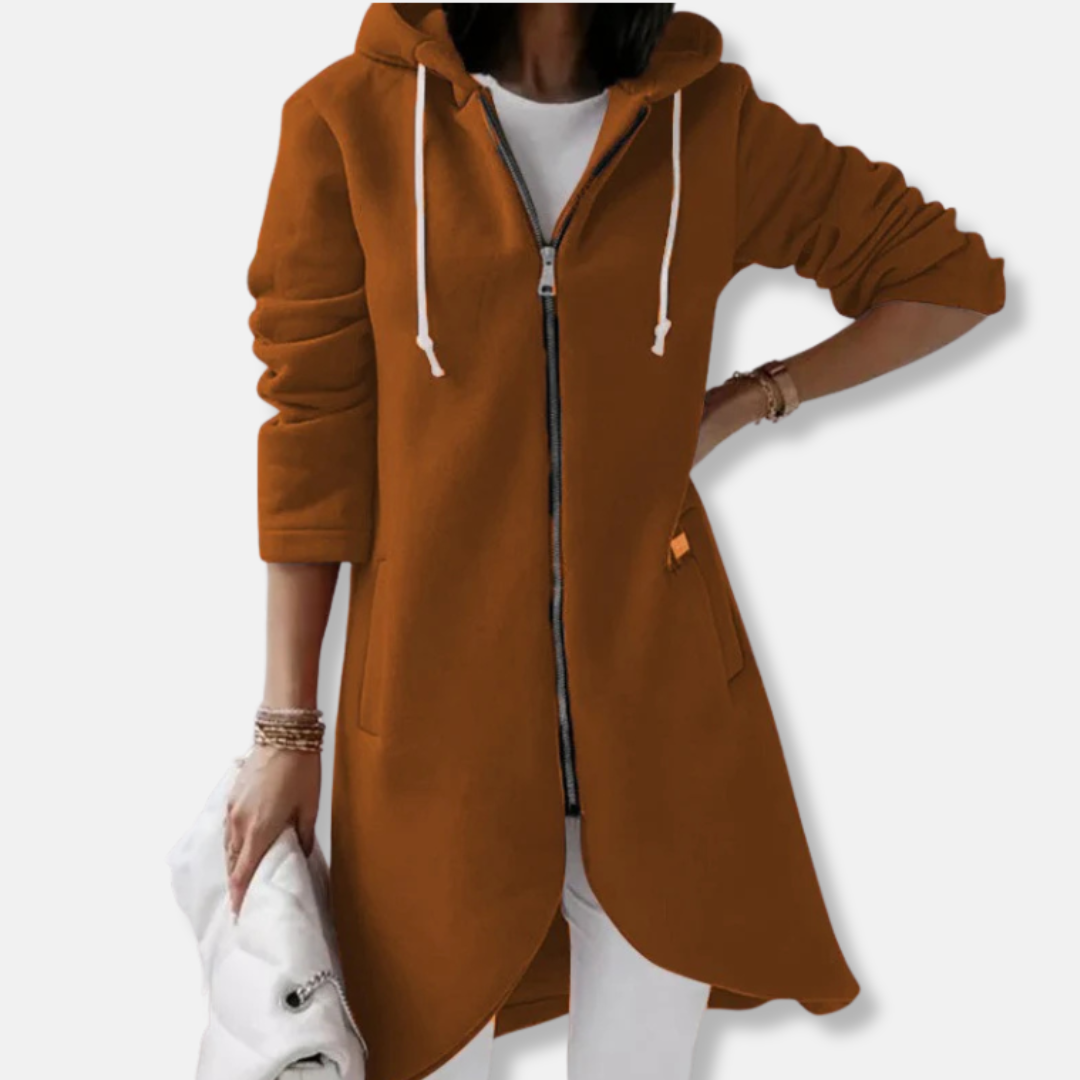 Women's Long Hoodie – Fleece Material – Relaxed Fit – Asymmetrical Hem – Zip Front Closure