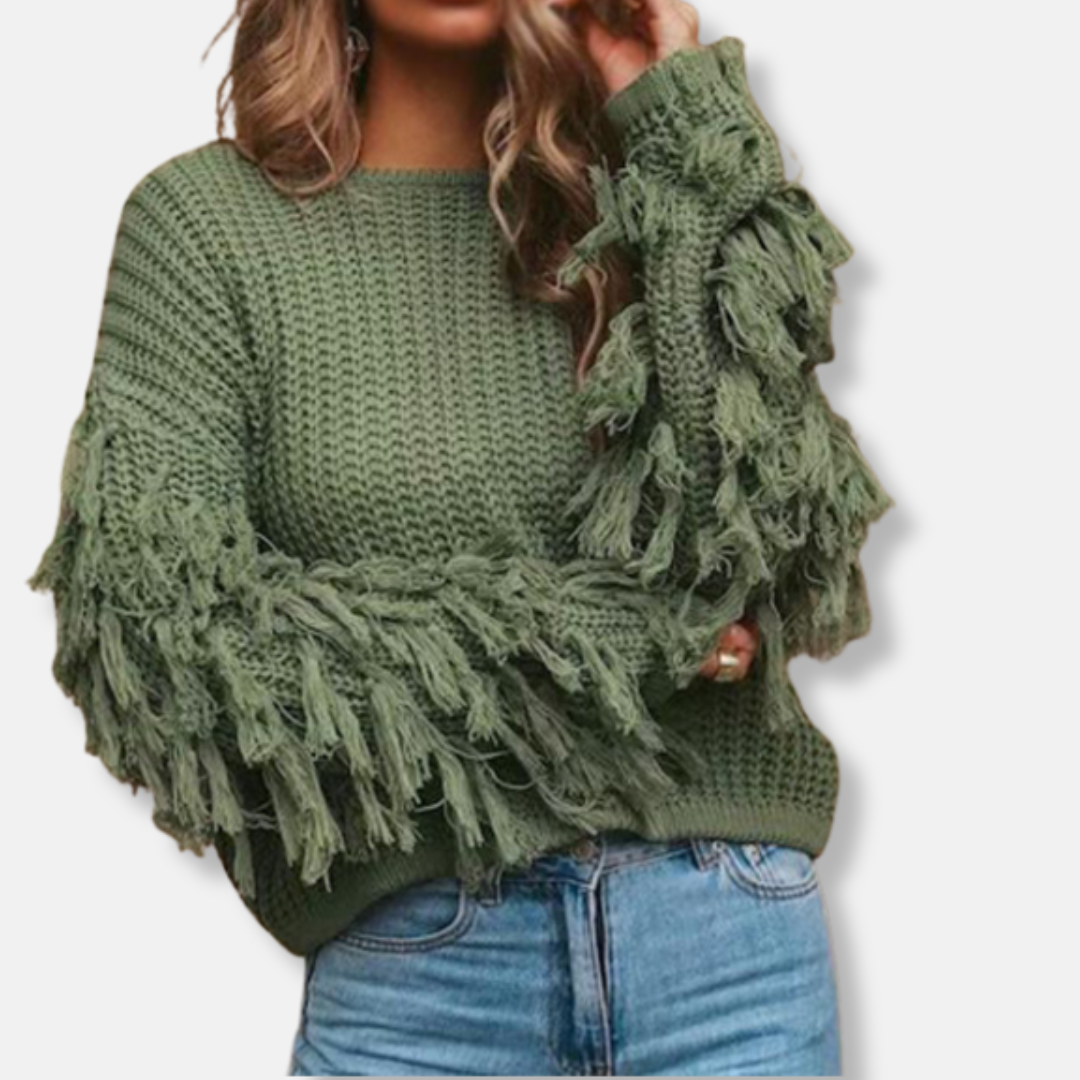 Ladies Sweatshirt – Chunky Knit – Relaxed Fit – Ribbed Texture – Fringed Sleeves