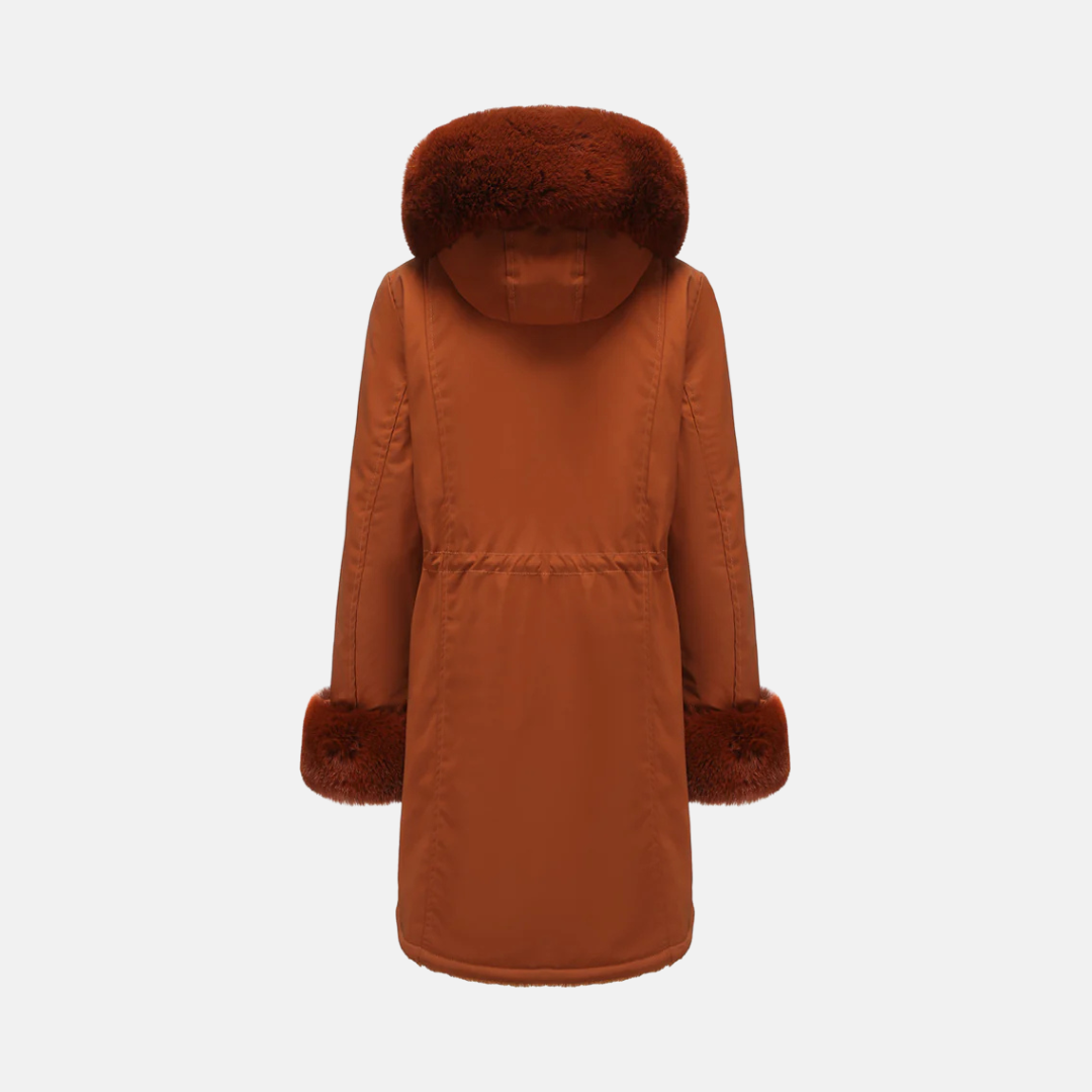 Women's Long Coat – Regular Fit – Faux Fur Collar and Cuffs – Zipper Pockets