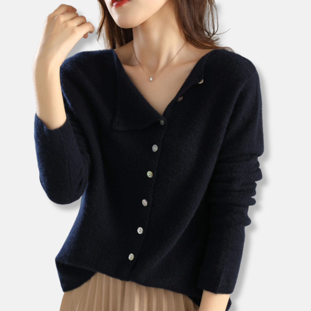 Ladies Knitted Cardigan – Relaxed Fit – Asymmetrical Closure – Long Sleeves Ribbed Cuffs