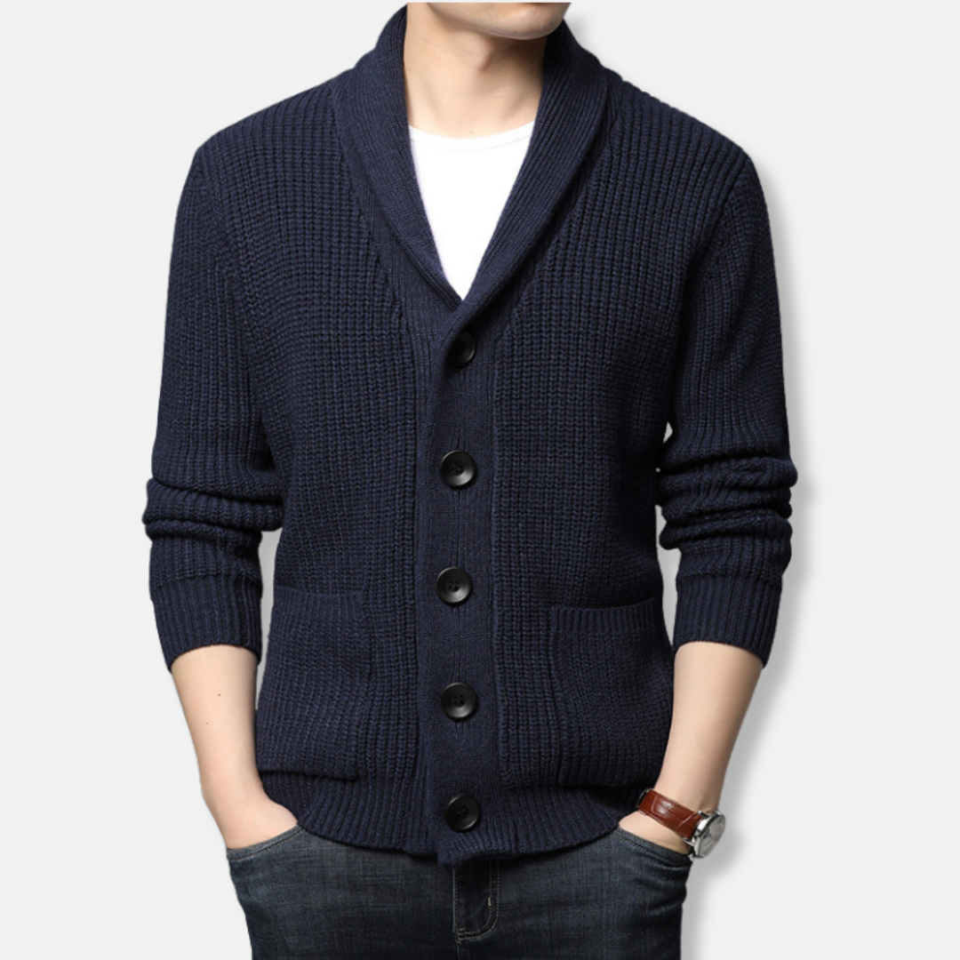 Men's Cardigan – Relaxed Fit – Wool Knit – Shawl Collar – Button Closure – Pocket Details