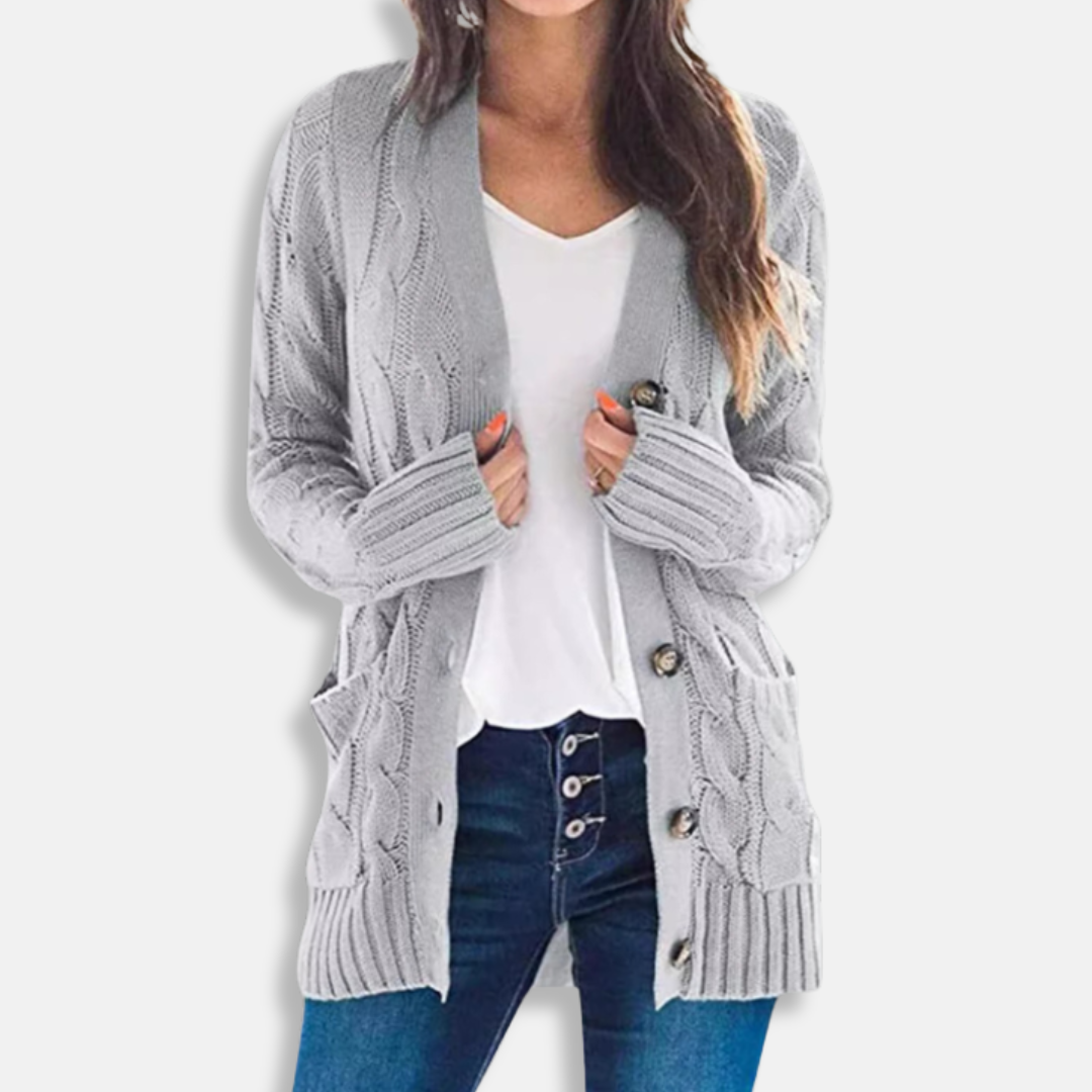 Women's cardigan – Wool knit – Relaxed fit – Mid-length – Button closure – Patch pockets