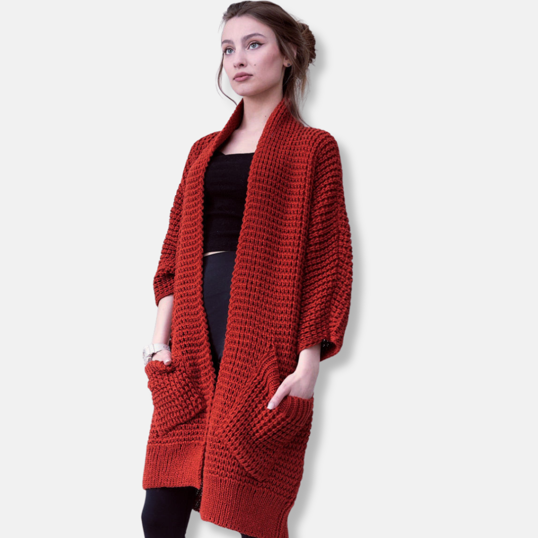 Women's Knitted Coat – Oversized Fit – Chunky Knit – Open Front – Patch Pockets